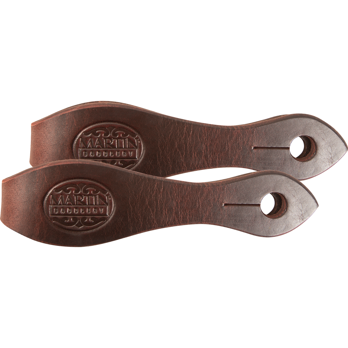 Chocolate latigo slobber straps, laid side by side and seen from above. The dark latigo leather carries a Martin Saddlery stamp and a slotted hole at each pointed end.