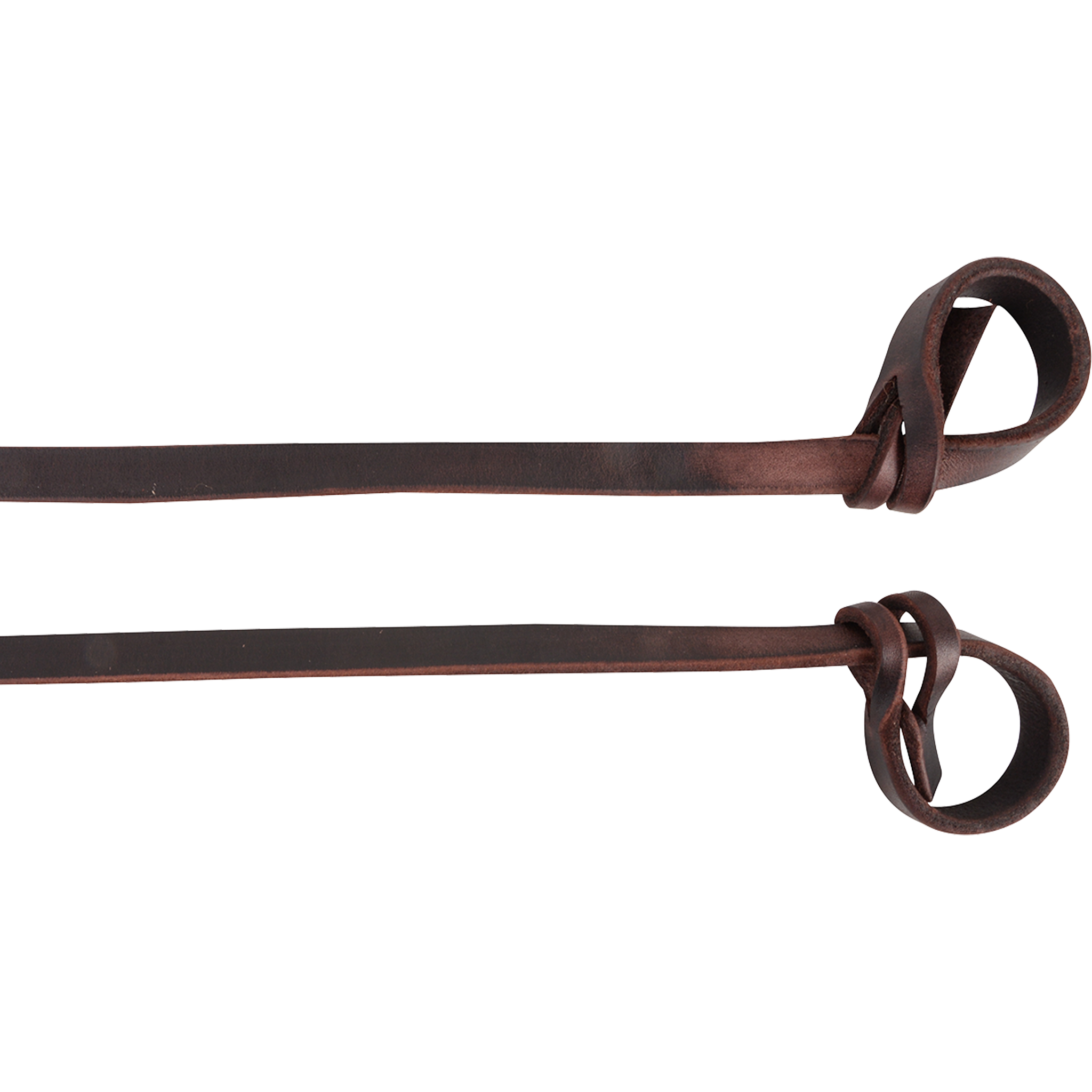 Looped ends of 5/8-inch latigo split reins, seen up close. Each dark latigo rein folds back through slits to form a loop for the bit.