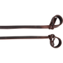 Looped ends of 5/8-inch latigo split reins, seen up close. Each dark latigo rein folds back through slits to form a loop for the bit.