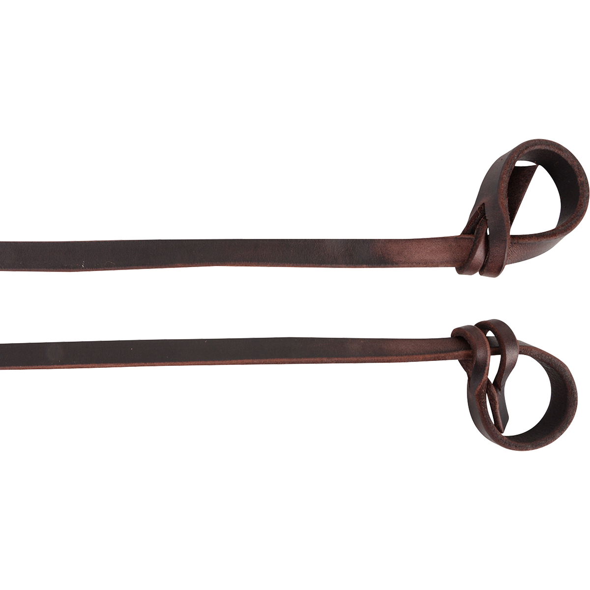 Looped ends of 5/8-inch latigo split reins, seen up close. Each dark latigo rein folds back through slits to form a loop for the bit.