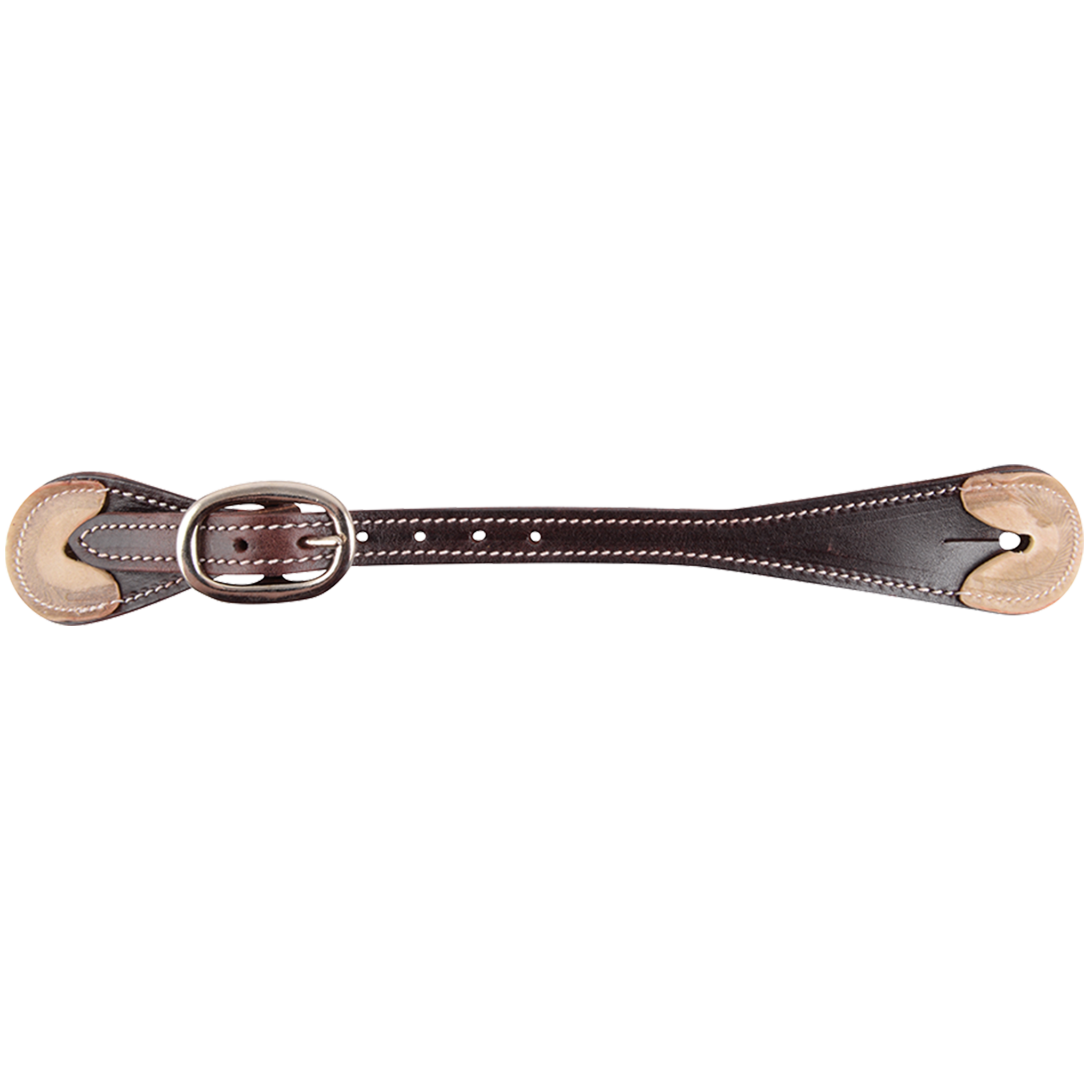 Latigo spur strap with rawhide ends, seen from above. White stitching runs along the chocolate latigo leather, with rawhide tips at both ends and a buckle near one side.