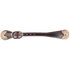 Latigo spur strap with rawhide ends, seen from above. White stitching runs along the chocolate latigo leather, with rawhide tips at both ends and a buckle near one side.