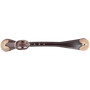 Latigo spur strap with rawhide ends, seen from above. White stitching runs along the chocolate latigo leather, with rawhide tips at both ends and a buckle near one side.