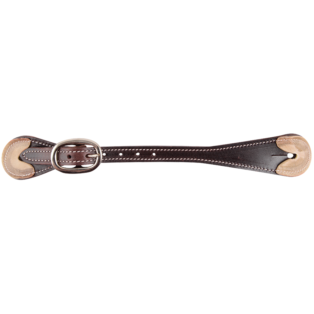 Latigo spur strap with rawhide ends, seen from above. White stitching runs along the chocolate latigo leather, with rawhide tips at both ends and a buckle near one side.