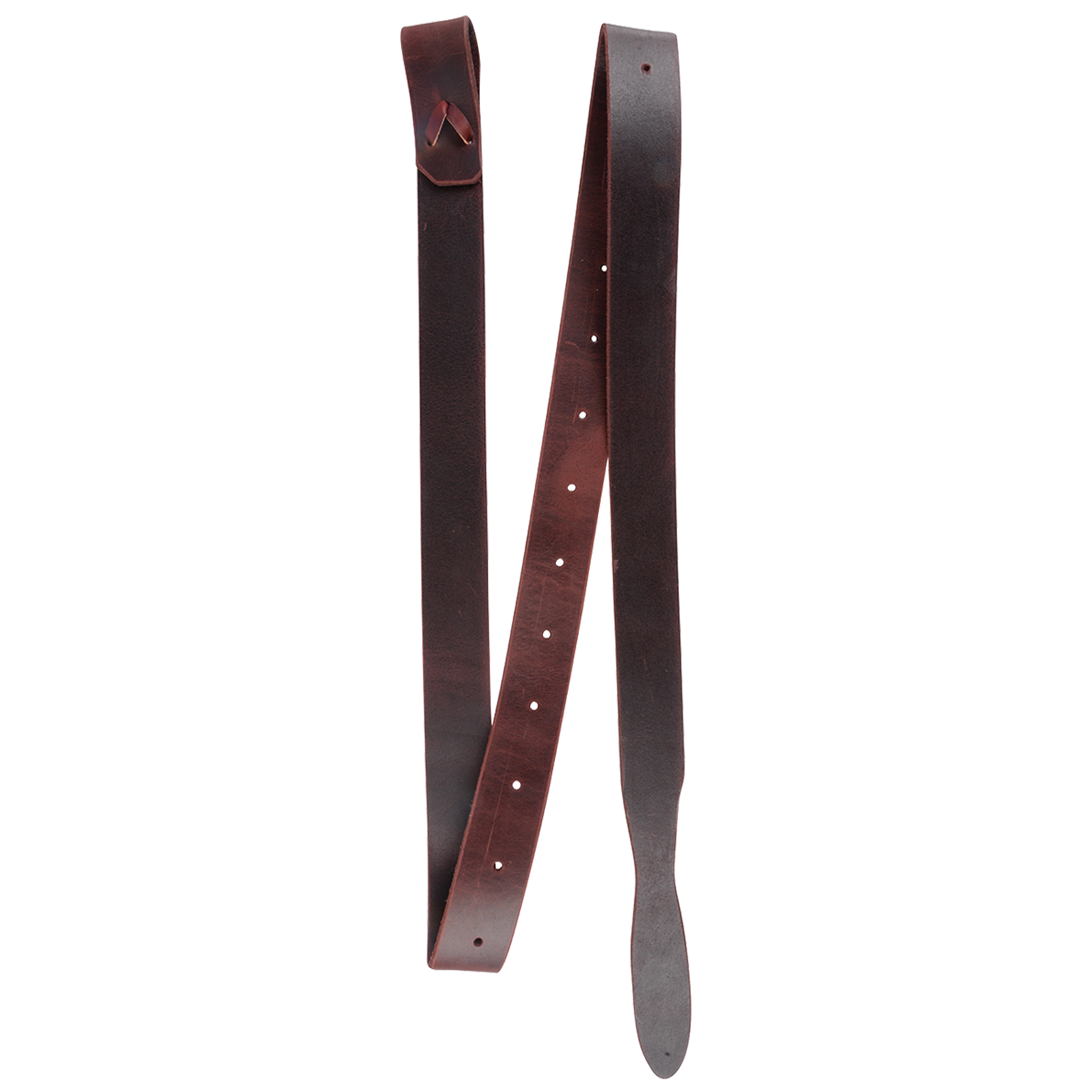 Leather latigo from Martin Saddlery, folded and seen from the front. The dark 1-3/4-inch strap has a row of punched holes, a tapered end and a tie at the top.