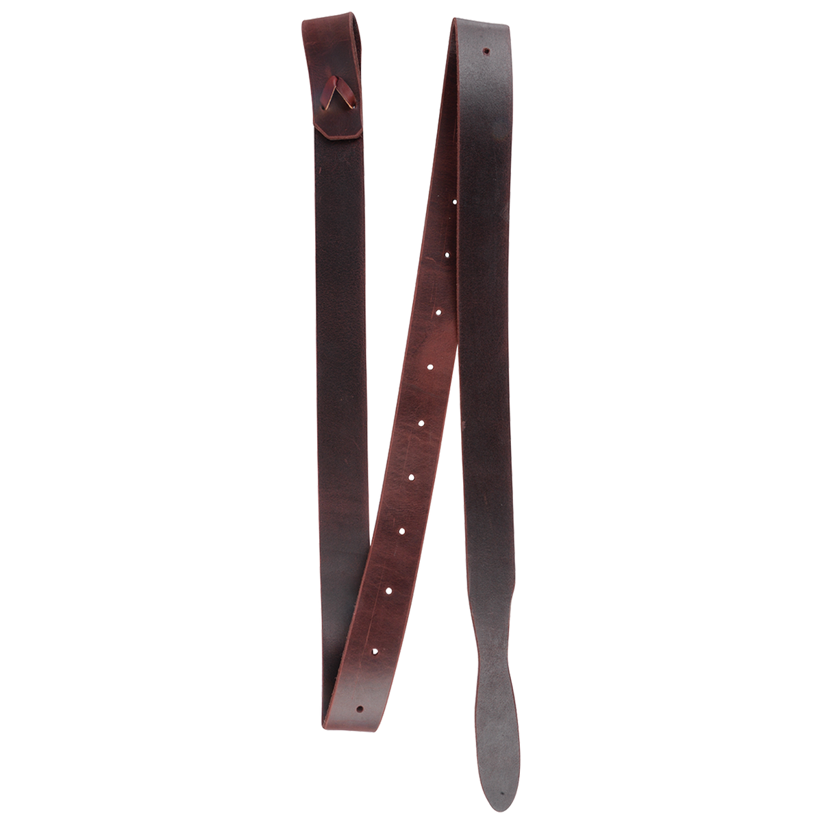 Leather latigo from Martin Saddlery, folded and seen from the front. The dark 1-3/4-inch strap has a row of punched holes, a tapered end and a tie at the top.