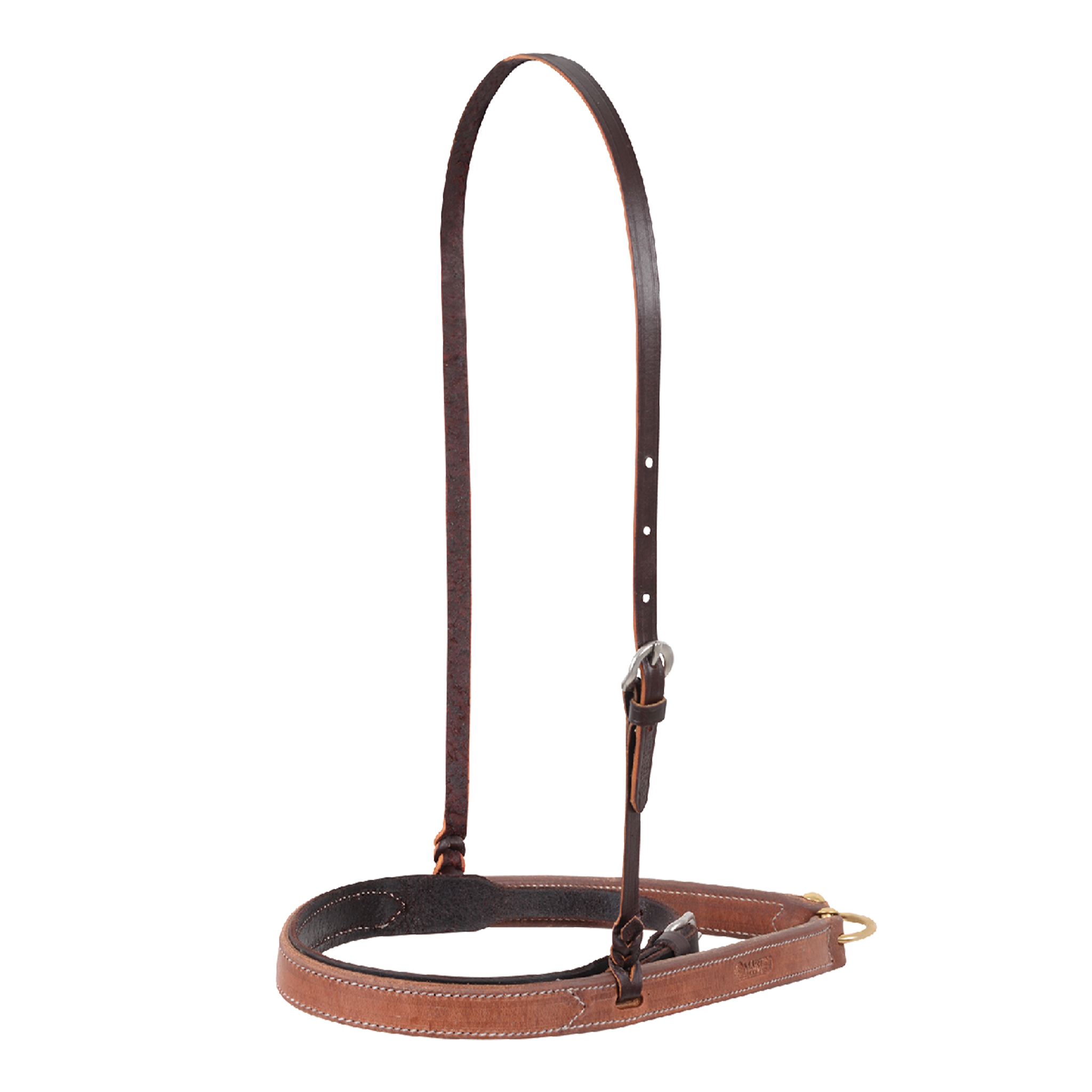 Stitched harness leather noseband with cavesson from Martin Saddlery, seen from the front quarter. A dark cavesson strap sits inside the lighter noseband, hung from an adjustable strap with a buckle.