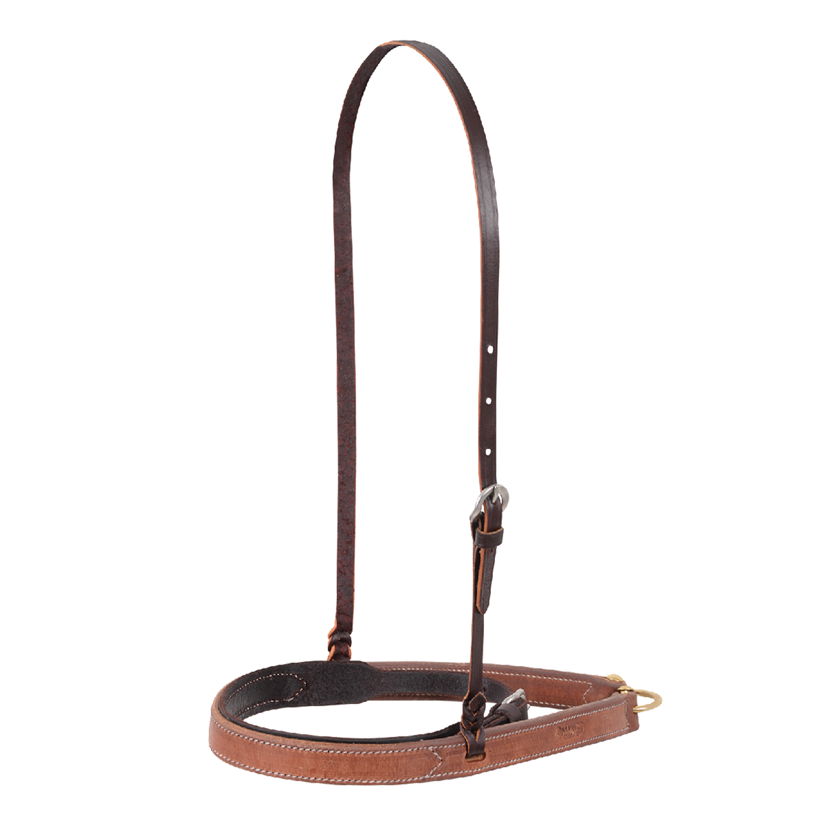 Stitched harness leather noseband with cavesson from Martin Saddlery, seen from the front quarter. A dark cavesson strap sits inside the lighter noseband, hung from an adjustable strap with a buckle.