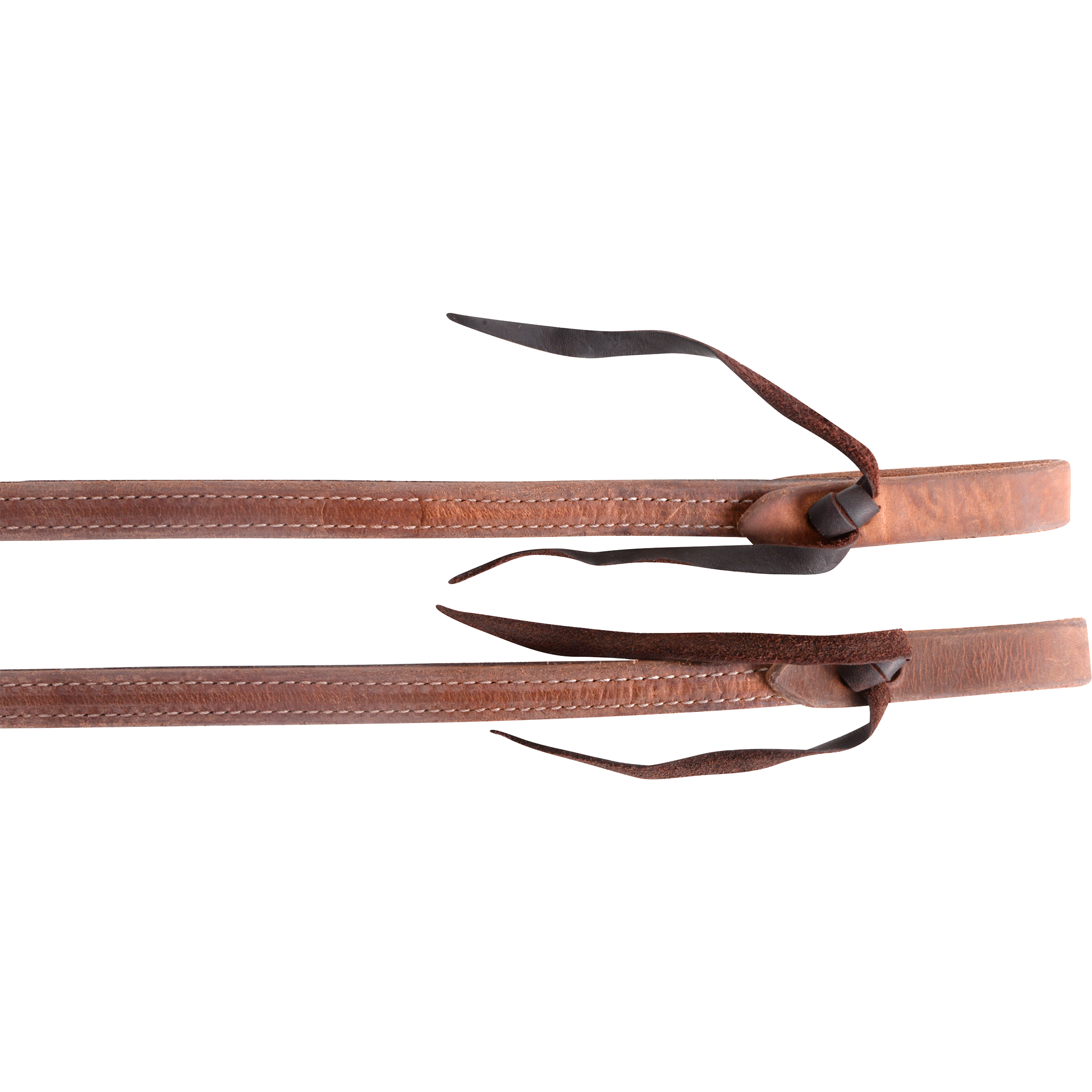 Tied ends of light harness and latigo split reins, seen up close. Stitching joins the harness leather to its latigo backing, and dark ties close the water loops.