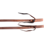 Tied ends of light harness and latigo split reins, seen up close. Stitching joins the harness leather to its latigo backing, and dark ties close the water loops.