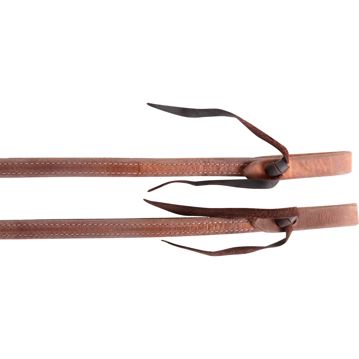 Tied ends of light harness and latigo split reins, seen up close. Stitching joins the harness leather to its latigo backing, and dark ties close the water loops.