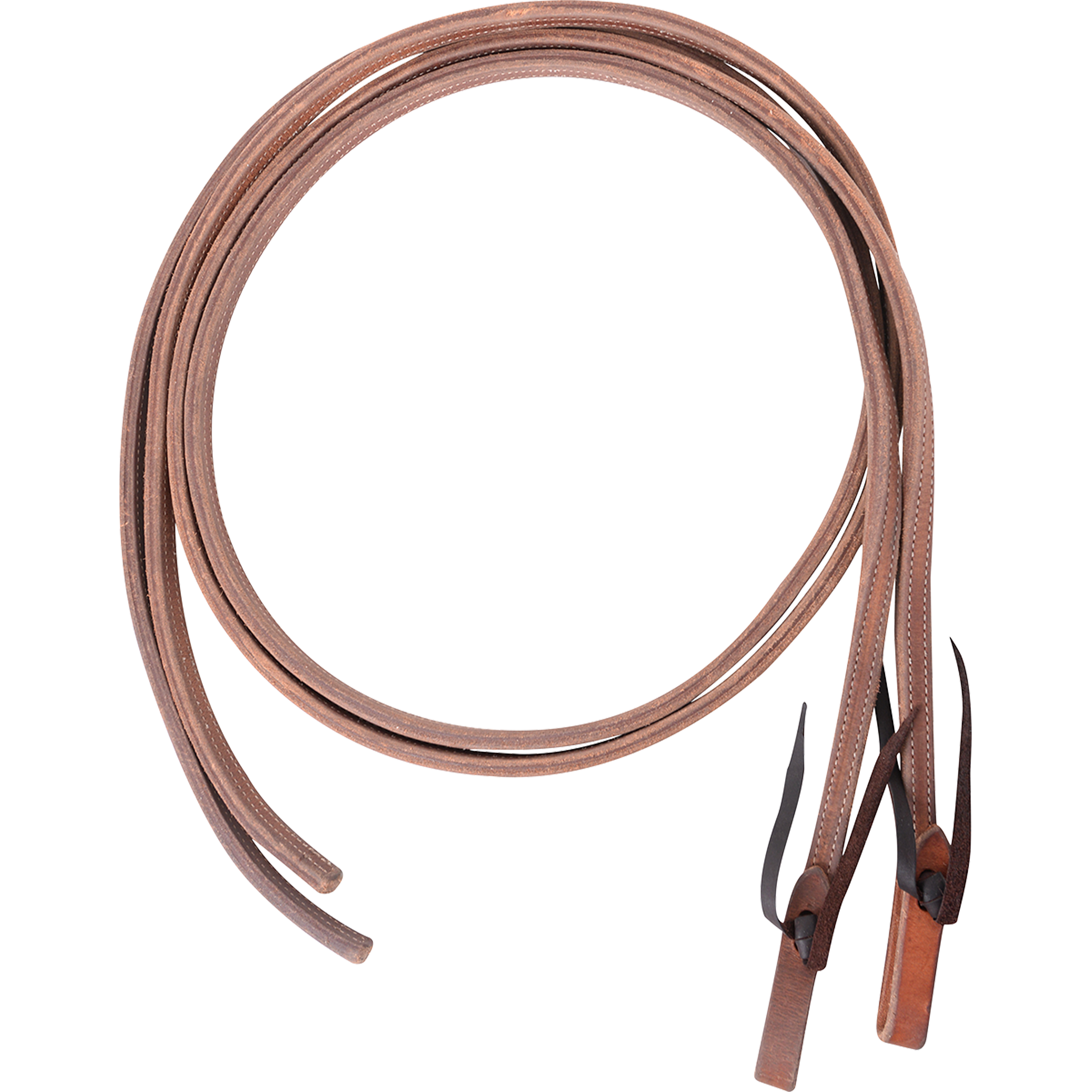 Double-stitched light harness split reins from Martin Saddlery, coiled and seen from above. Stitching follows the 5/8-inch harness leather down to the tied water loop ends.
