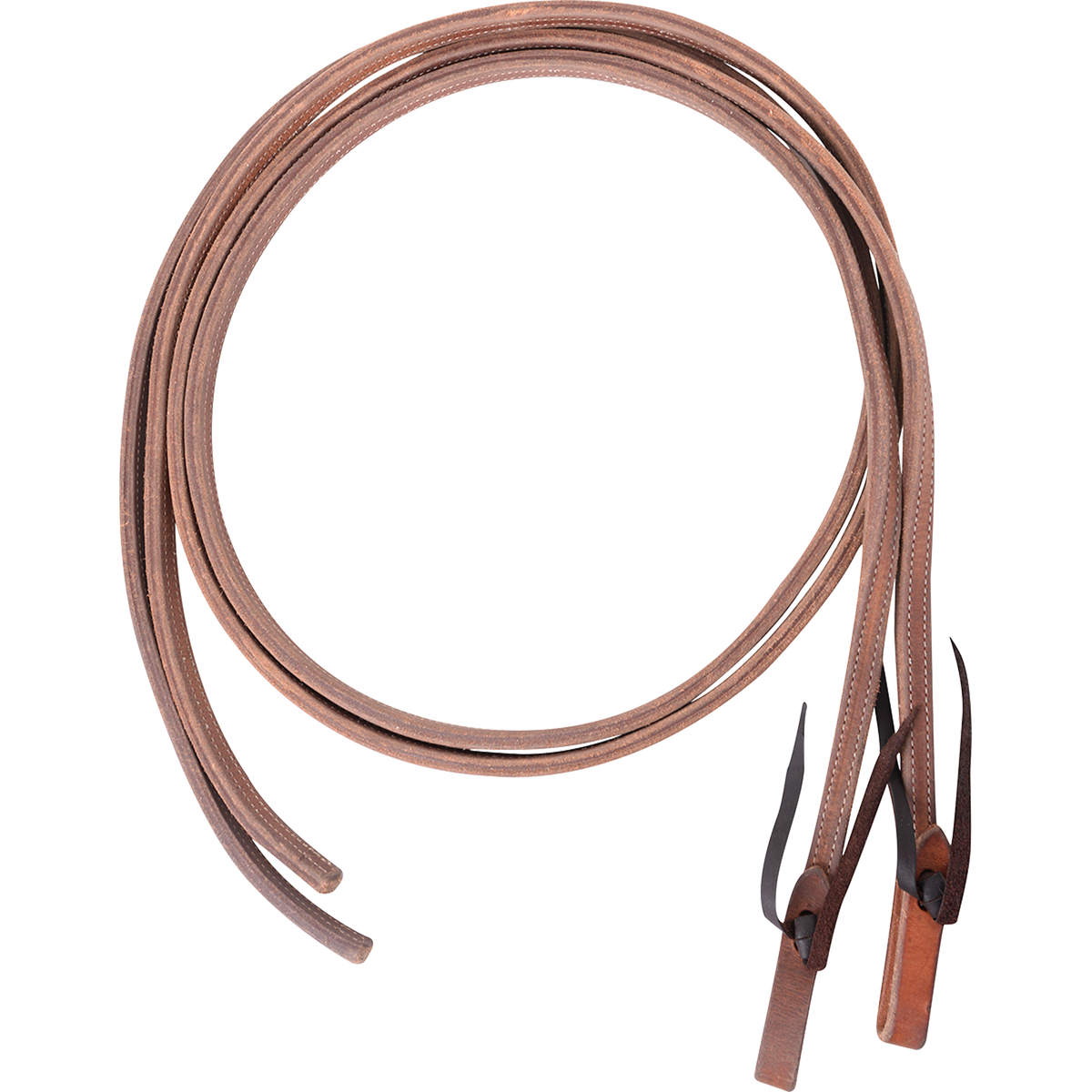 Double-stitched light harness split reins from Martin Saddlery, coiled and seen from above. Stitching follows the 5/8-inch harness leather down to the tied water loop ends.