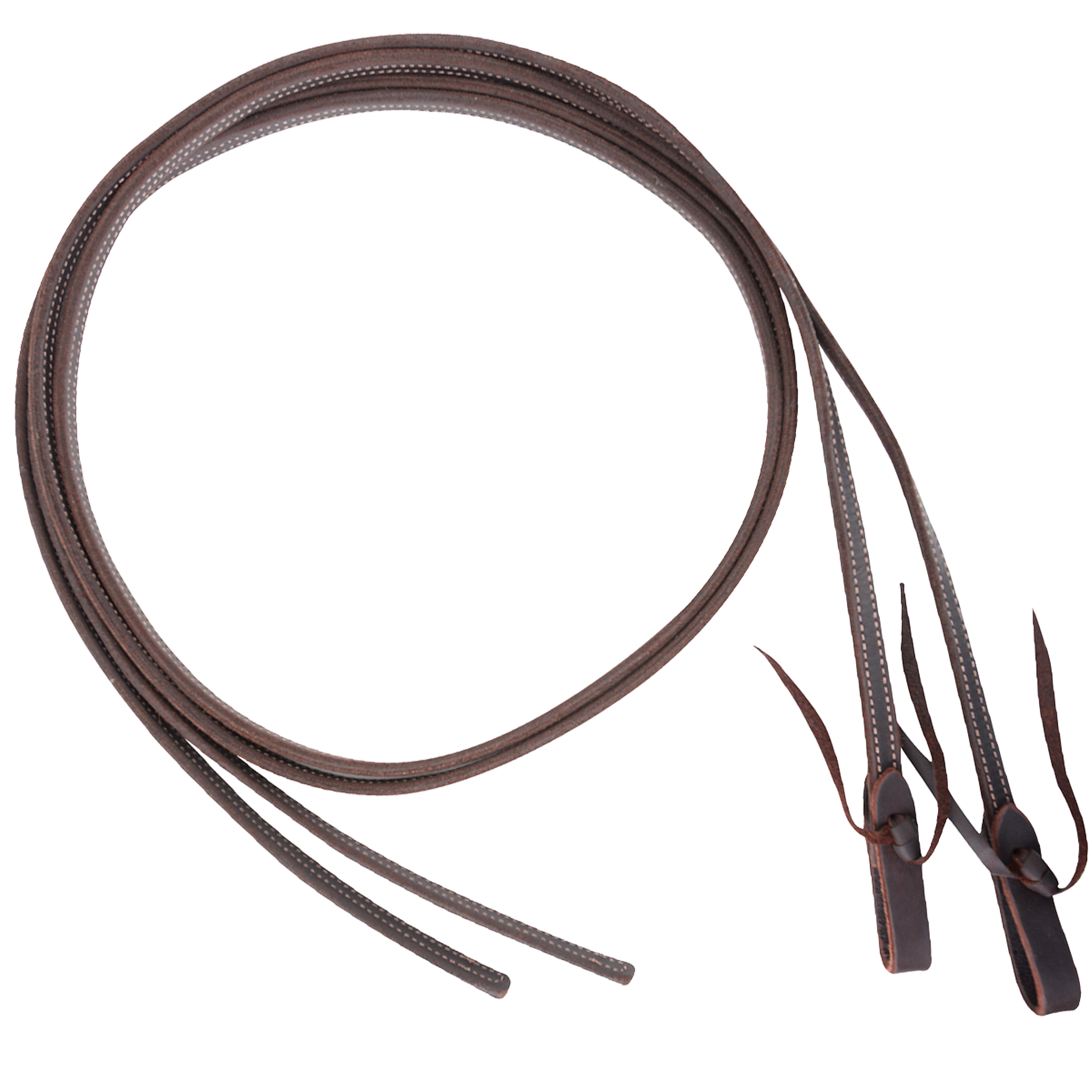 Double-stitched light latigo split reins, coiled and seen from above. The dark 5/8-inch latigo is stitched along its length and finished with tied water loops.