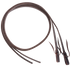 Double-stitched light latigo split reins, coiled and seen from above. The dark 5/8-inch latigo is stitched along its length and finished with tied water loops.