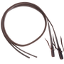 Double-stitched light latigo split reins, coiled and seen from above. The dark 5/8-inch latigo is stitched along its length and finished with tied water loops.