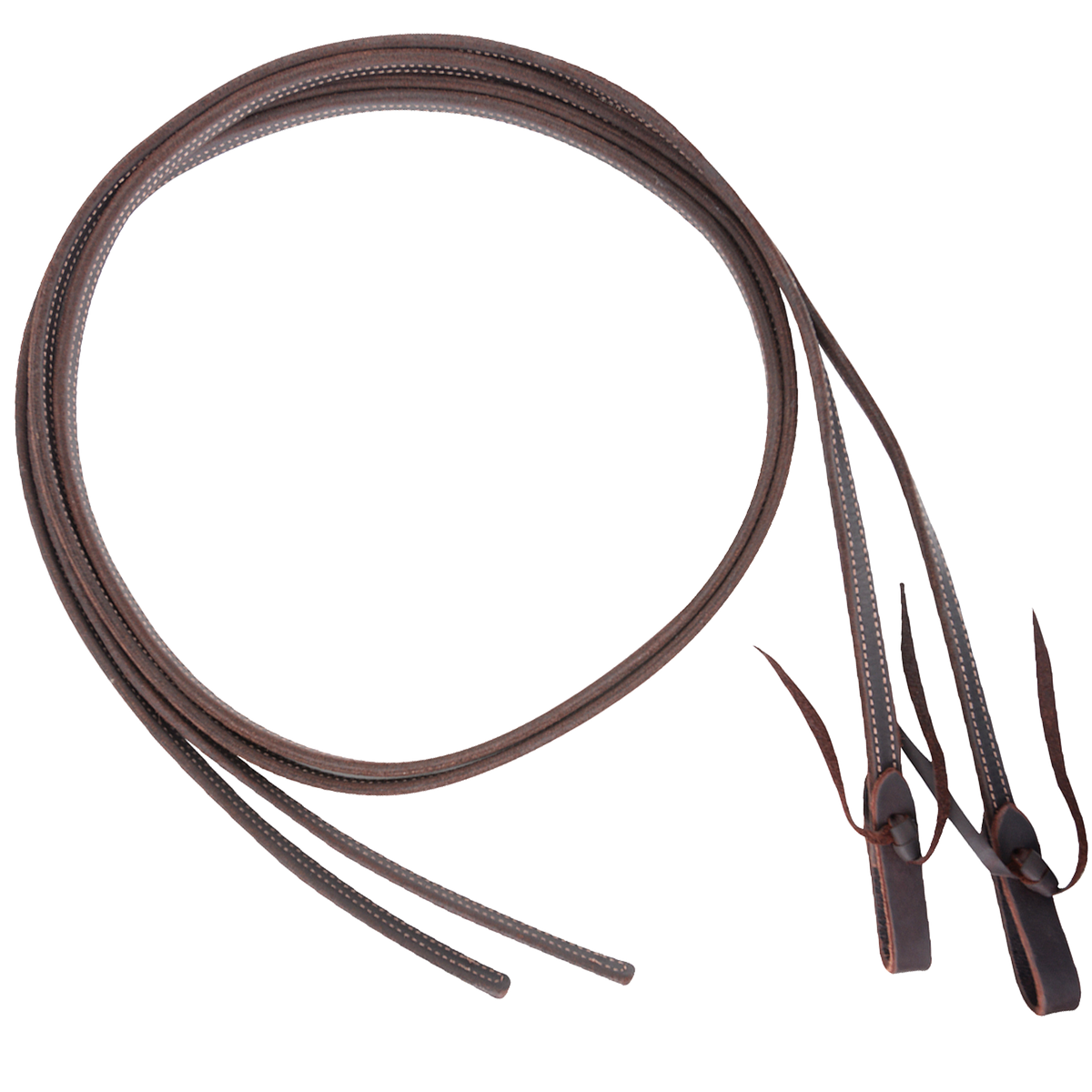 Double-stitched light latigo split reins, coiled and seen from above. The dark 5/8-inch latigo is stitched along its length and finished with tied water loops.