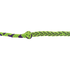 Lime green-purple braided nylon rein seen up close at one of its knots. Purple strands run through the lime green braid of this Martin Saddlery barrel racing rein.