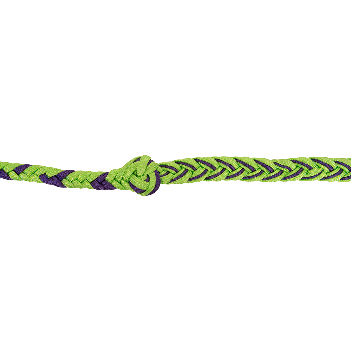 Lime green-purple braided nylon rein seen up close at one of its knots. Purple strands run through the lime green braid of this Martin Saddlery barrel racing rein.