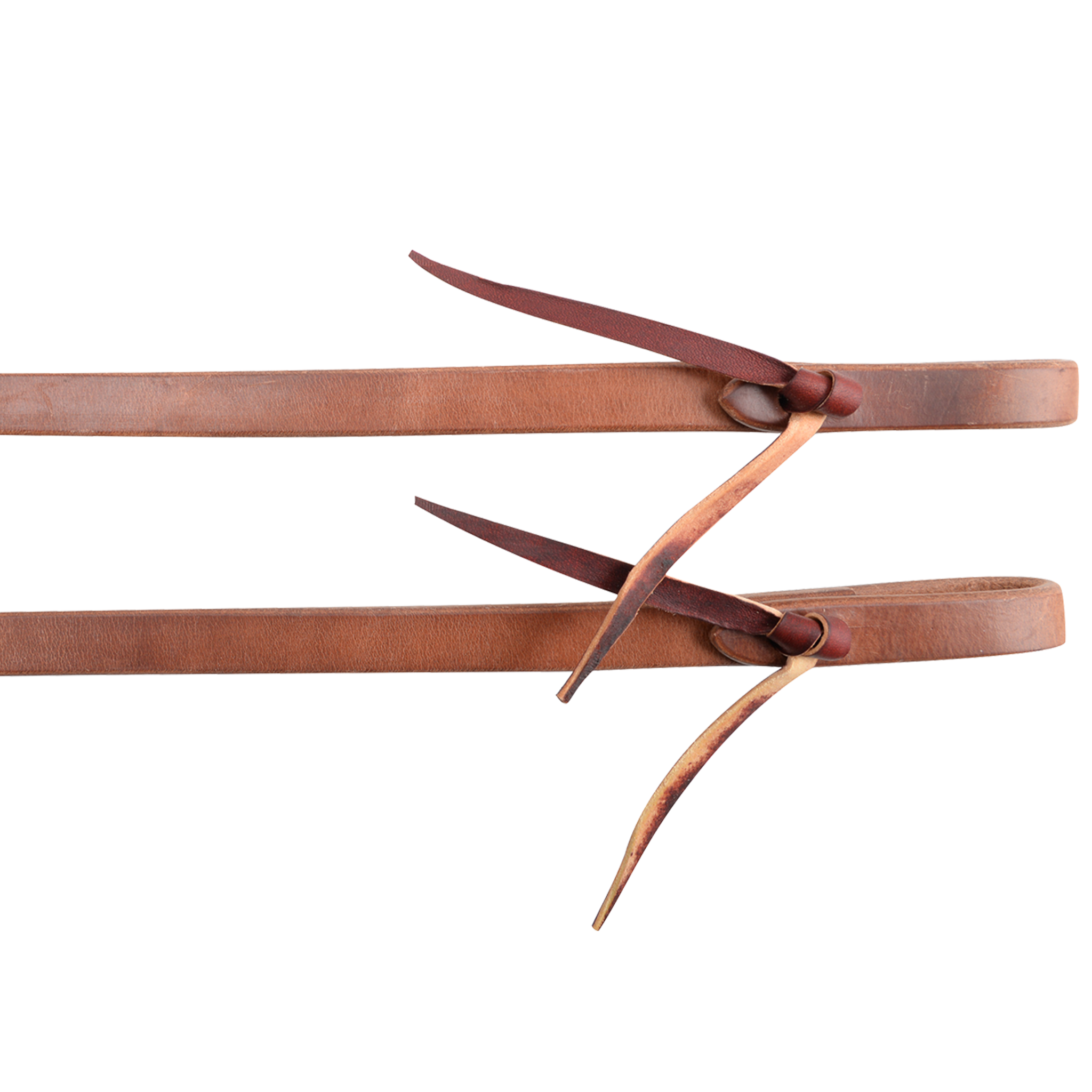 Tied ends of 1/2-inch natural harness leather split reins, seen up close. Each rein folds into a water loop held by a darker leather tie.