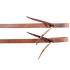 Tied ends of 1/2-inch natural harness leather split reins, seen up close. Each rein folds into a water loop held by a darker leather tie.