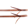 Tied ends of 1/2-inch natural harness leather split reins, seen up close. Each rein folds into a water loop held by a darker leather tie.
