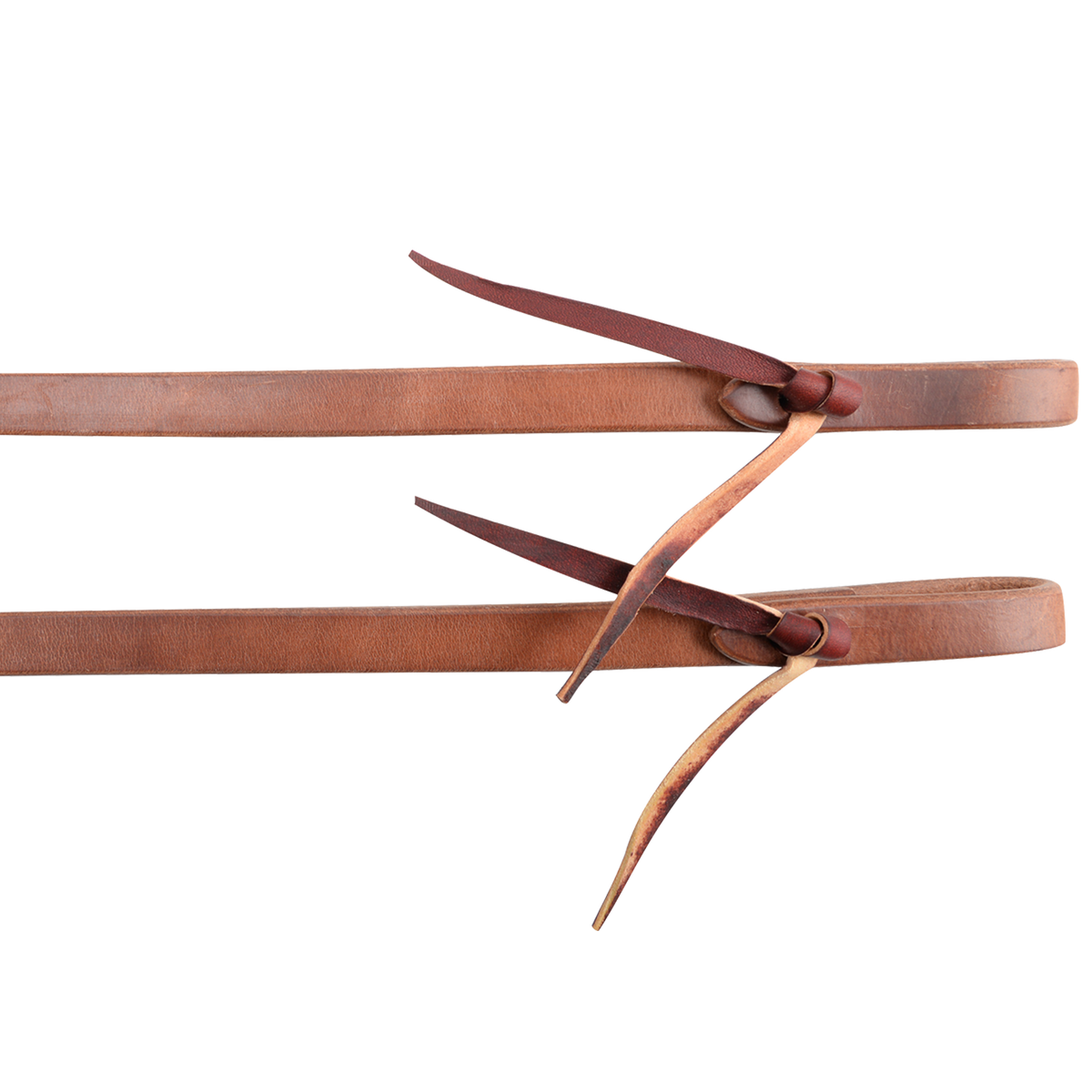 Tied ends of 1/2-inch natural harness leather split reins, seen up close. Each rein folds into a water loop held by a darker leather tie.