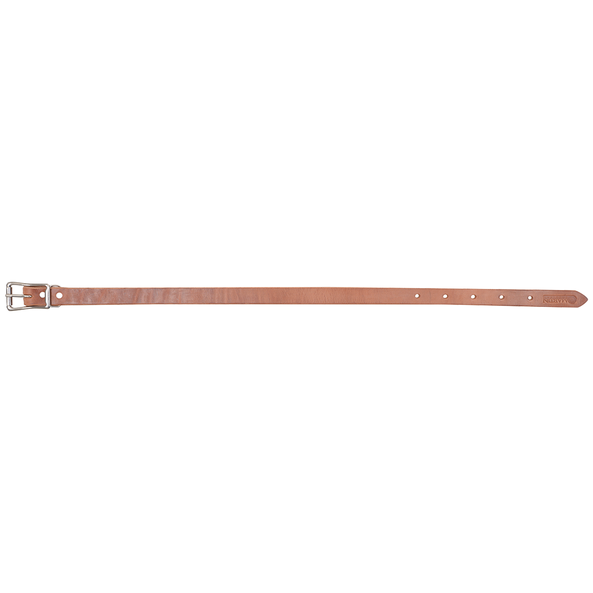 1-inch natural harness leather breastcollar tug, laid out straight and seen from above. A buckle sits at one end of the strap, with adjustment holes toward the pointed tip.