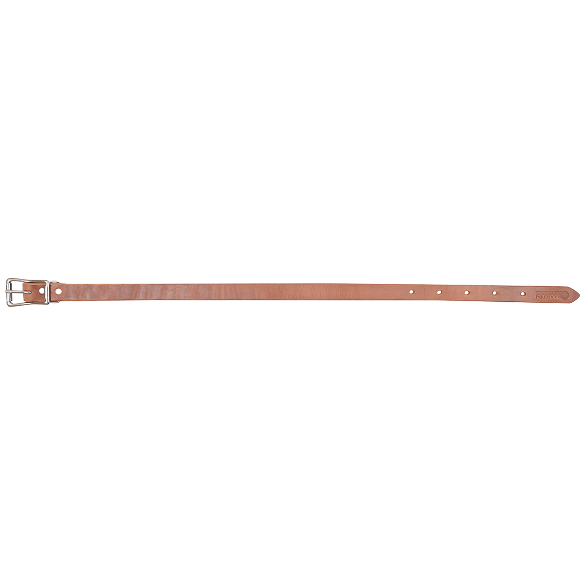 1-inch natural harness leather breastcollar tug, laid out straight and seen from above. A buckle sits at one end of the strap, with adjustment holes toward the pointed tip.