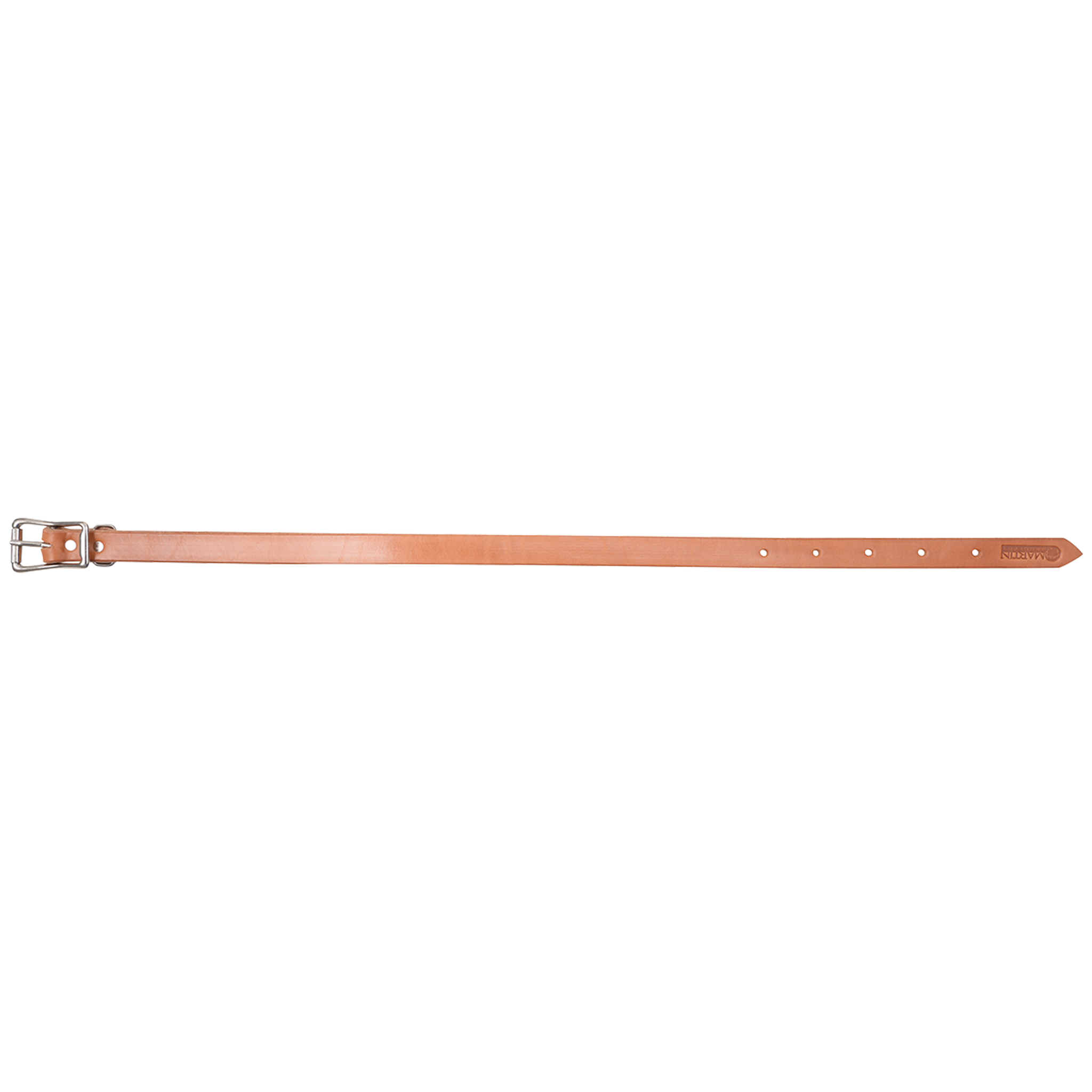 1-inch natural skirting leather breastcollar tug, laid out straight and seen from above. The light leather strap carries a buckle and a row of adjustment holes.