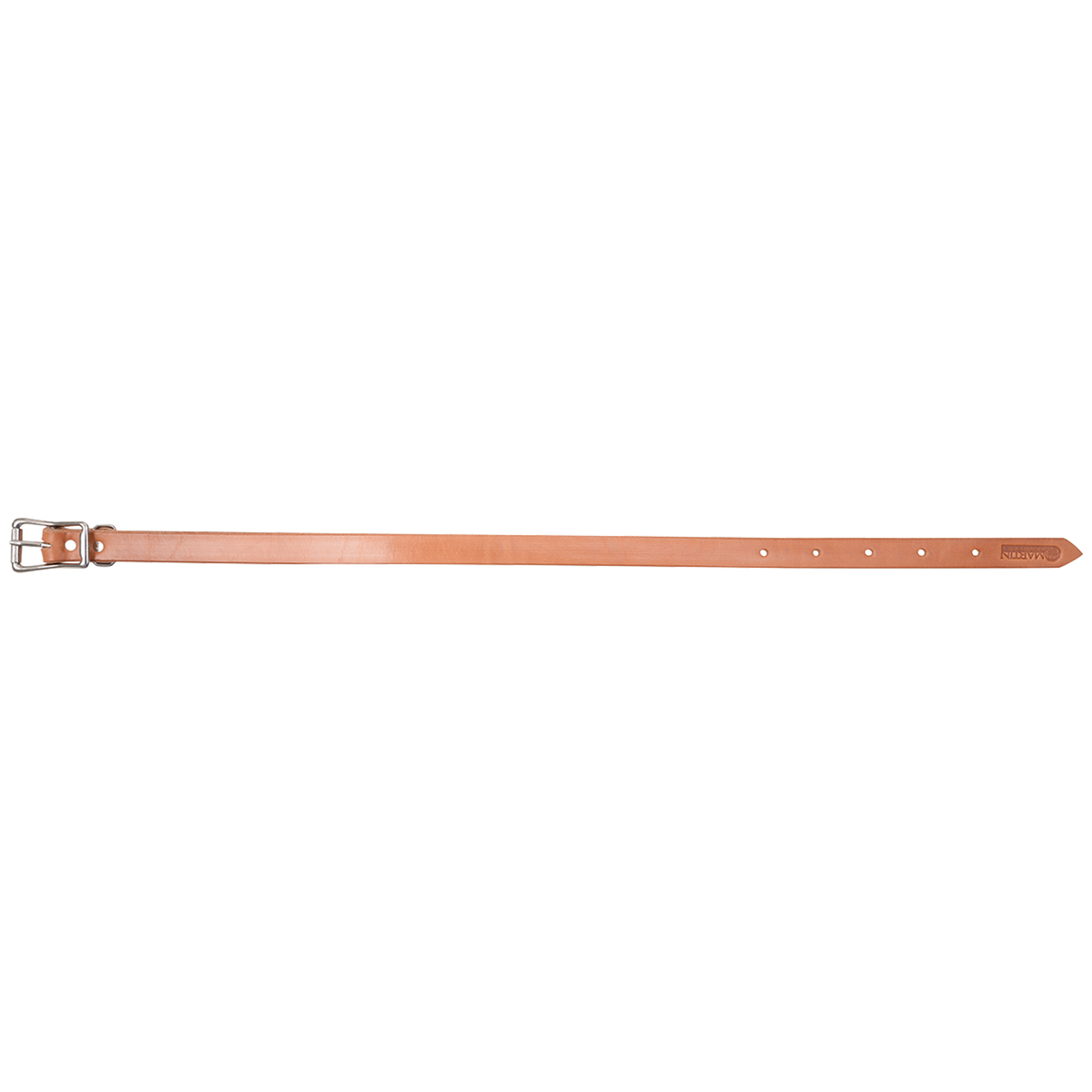 1-inch natural skirting leather breastcollar tug, laid out straight and seen from above. The light leather strap carries a buckle and a row of adjustment holes.