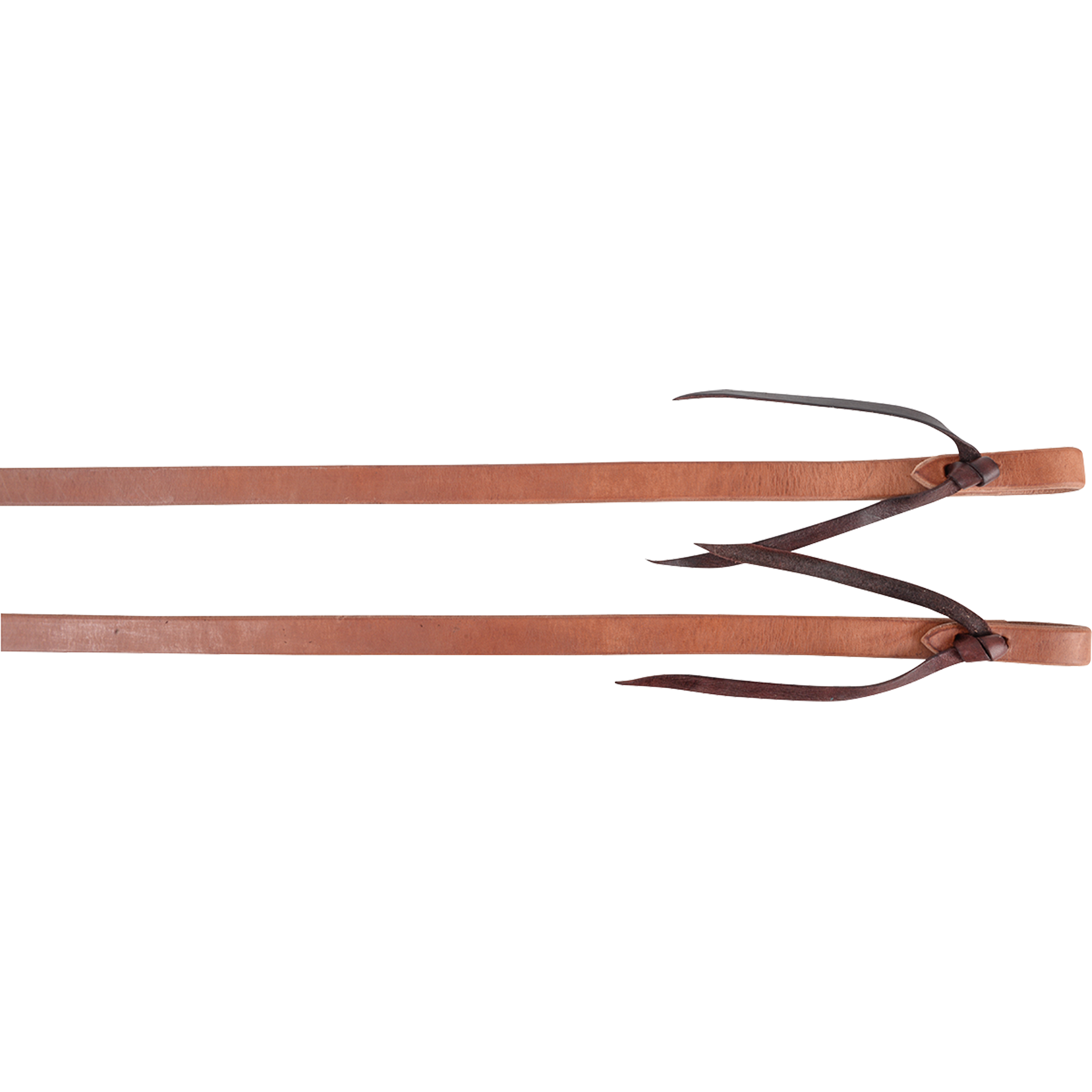 Tied ends of 3/4-inch natural harness split reins, seen up close. The Hermann Oak harness leather folds back at each end and is held by a dark leather tie.