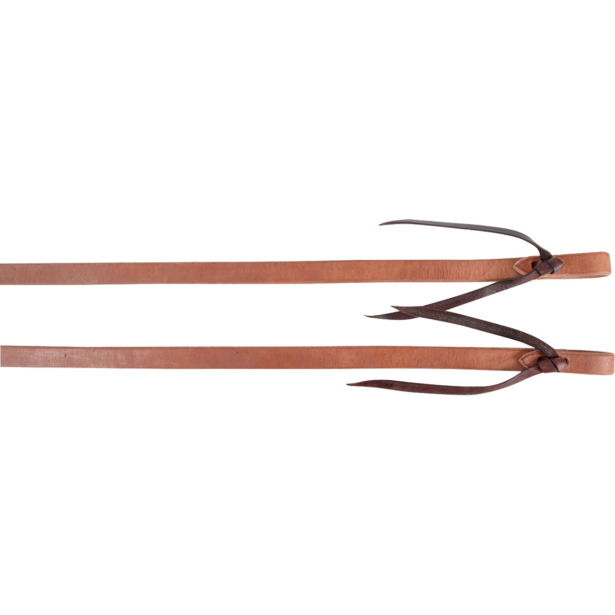 Tied ends of 3/4-inch natural harness split reins, seen up close. The Hermann Oak harness leather folds back at each end and is held by a dark leather tie.