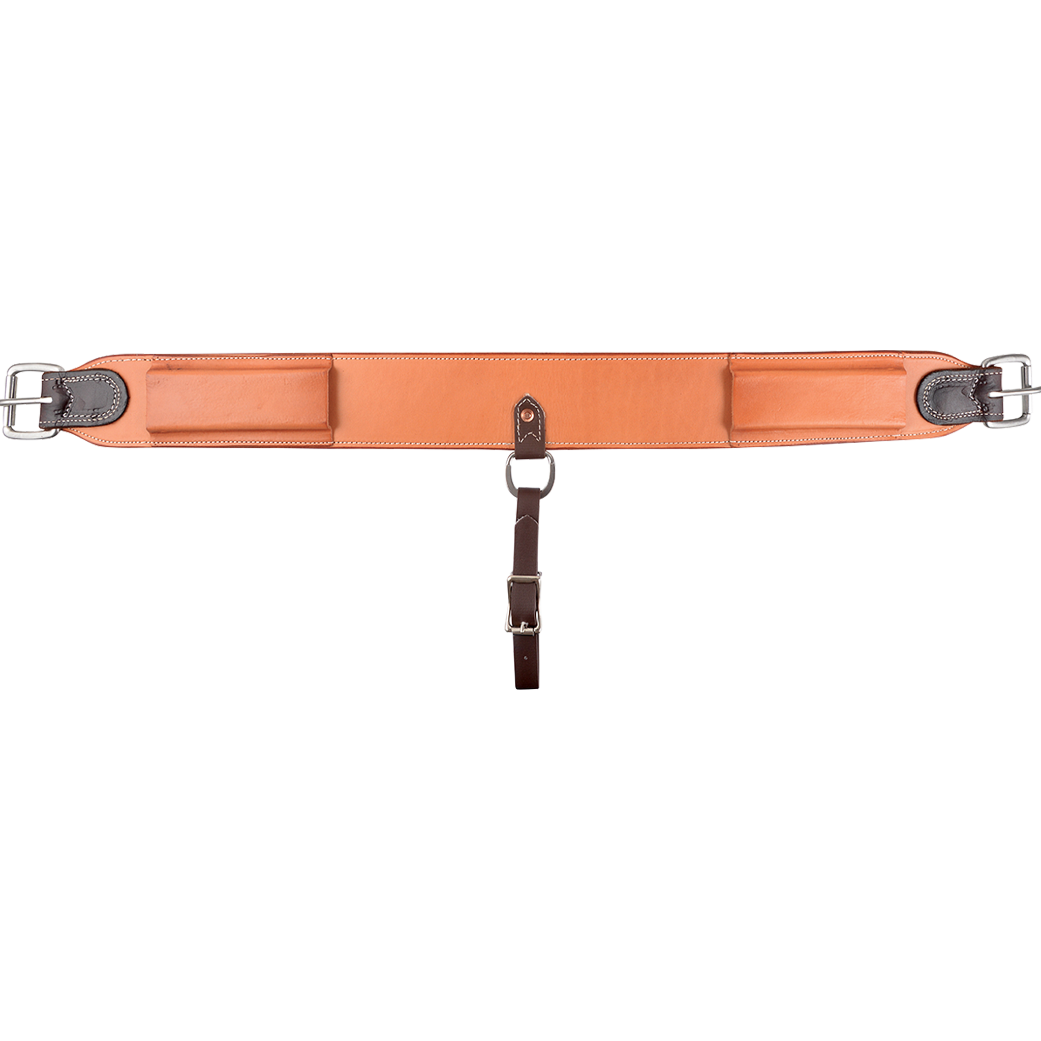 Natural 3-inch flank cinch from Martin Saddlery, laid out flat. The skirting leather cinch has roller buckles at both ends, keepers, and a center hobble strap with a buckle.