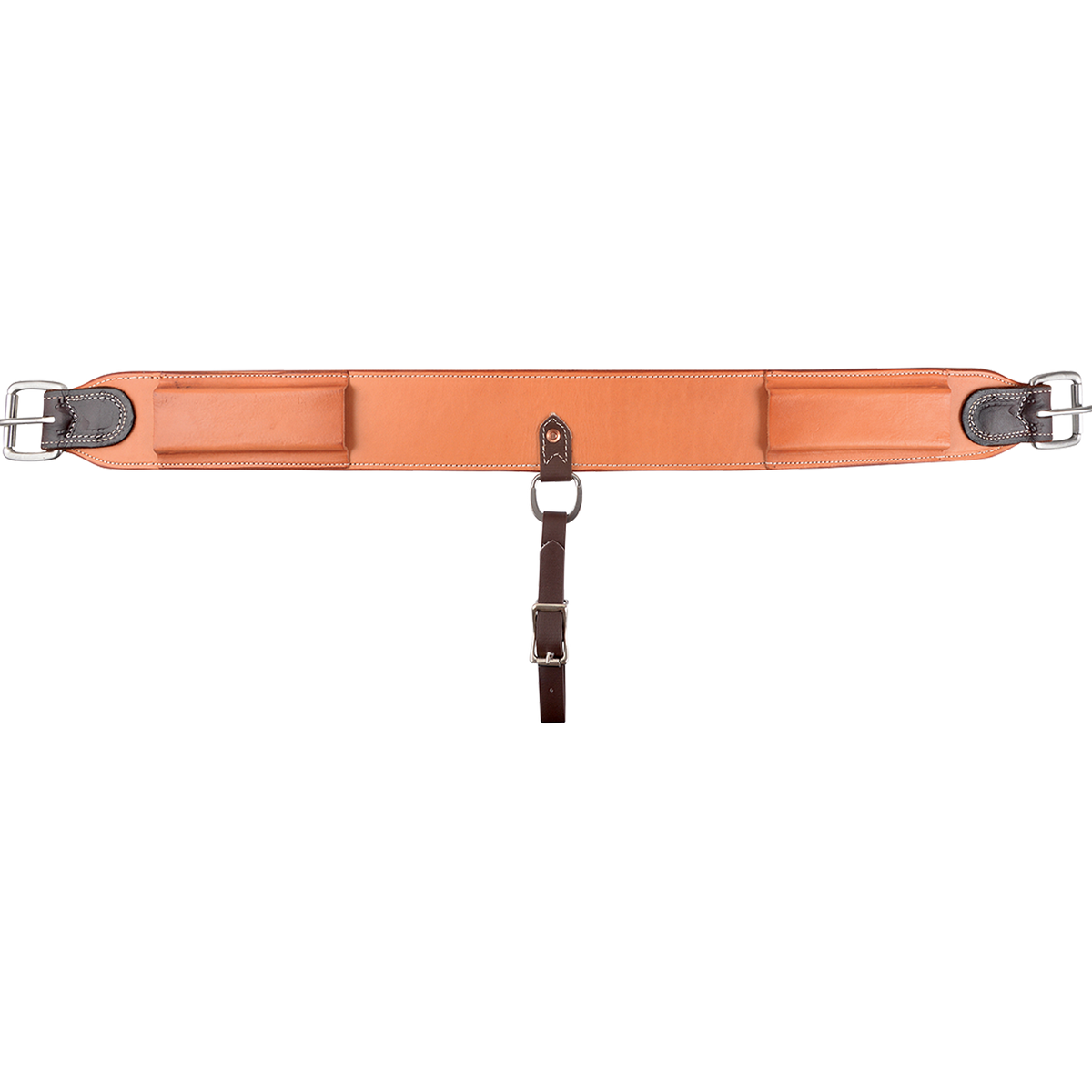 Natural 3-inch flank cinch from Martin Saddlery, laid out flat. The skirting leather cinch has roller buckles at both ends, keepers, and a center hobble strap with a buckle.