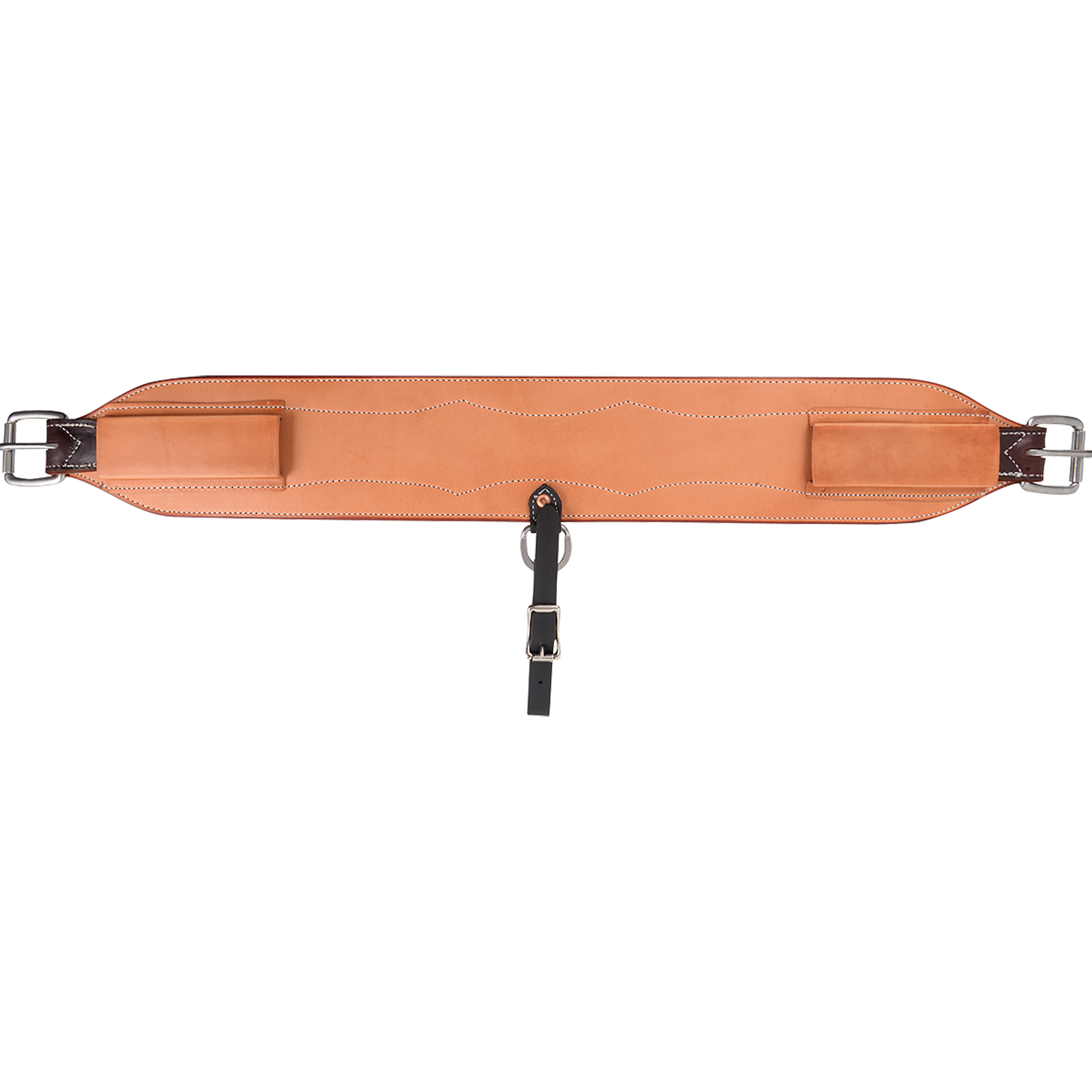 Natural 4.5-inch flank cinch from Martin Saddlery, laid out flat. The wide skirting leather cinch has roller buckles at both ends, keepers, and a dark center hobble strap.