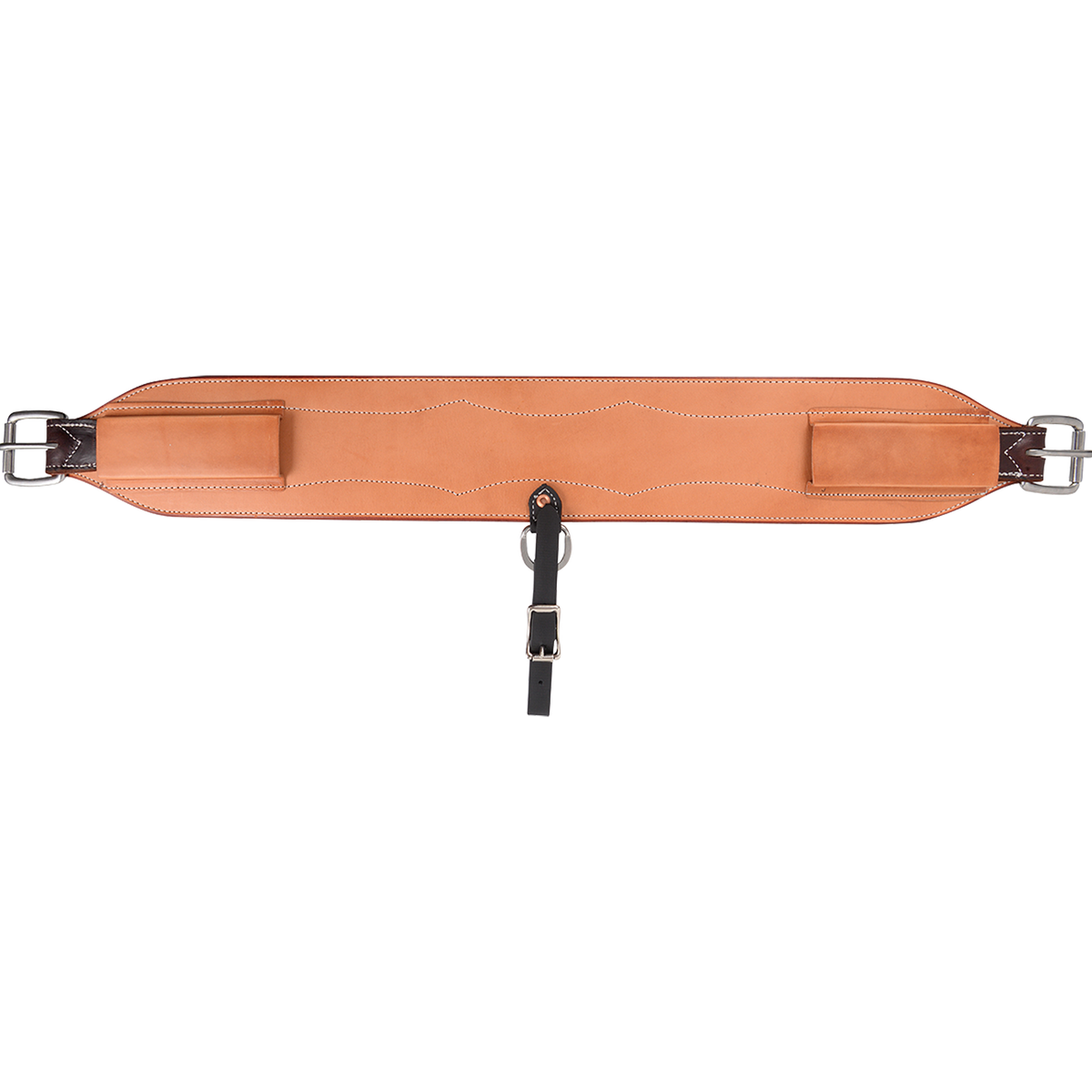 Natural 4.5-inch flank cinch from Martin Saddlery, laid out flat. The wide skirting leather cinch has roller buckles at both ends, keepers, and a dark center hobble strap.