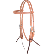 Natural harness gag browband headstall from Martin Saddlery, seen from the front quarter. The stitched 5/8-inch harness leather has cart buckles at the cheeks and dark bit ties.