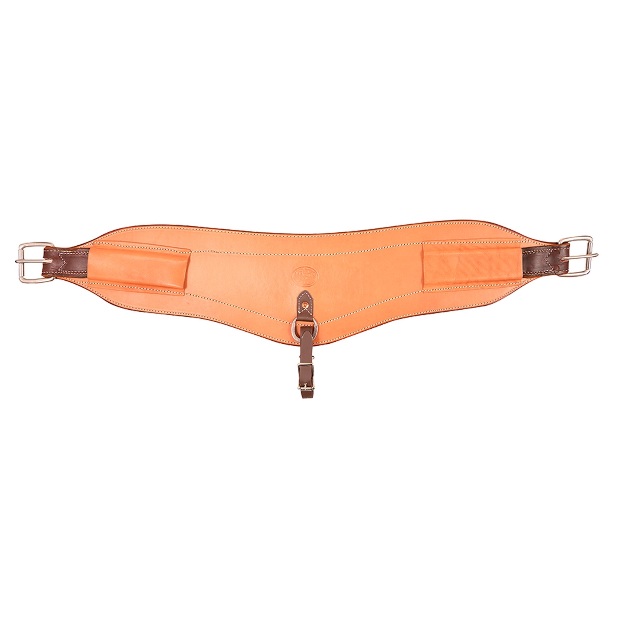 Natural 7-inch XL flank cinch from Martin Saddlery, laid out flat. The contoured skirting leather body has stitched edges, roller buckles at both ends and a center hobble strap.