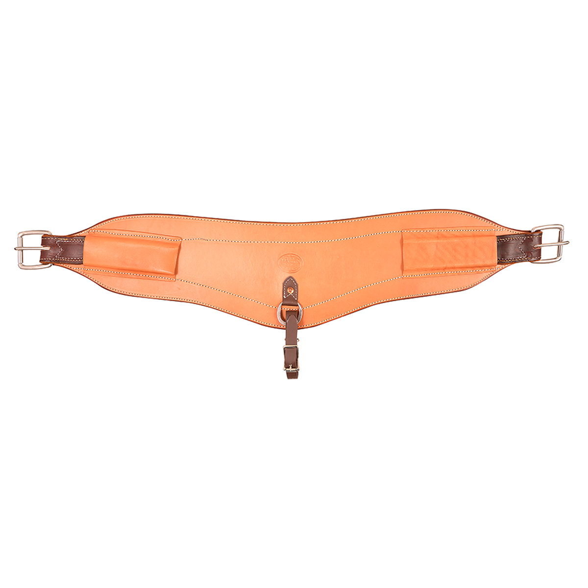 Natural 7-inch XL flank cinch from Martin Saddlery, laid out flat. The contoured skirting leather body has stitched edges, roller buckles at both ends and a center hobble strap.
