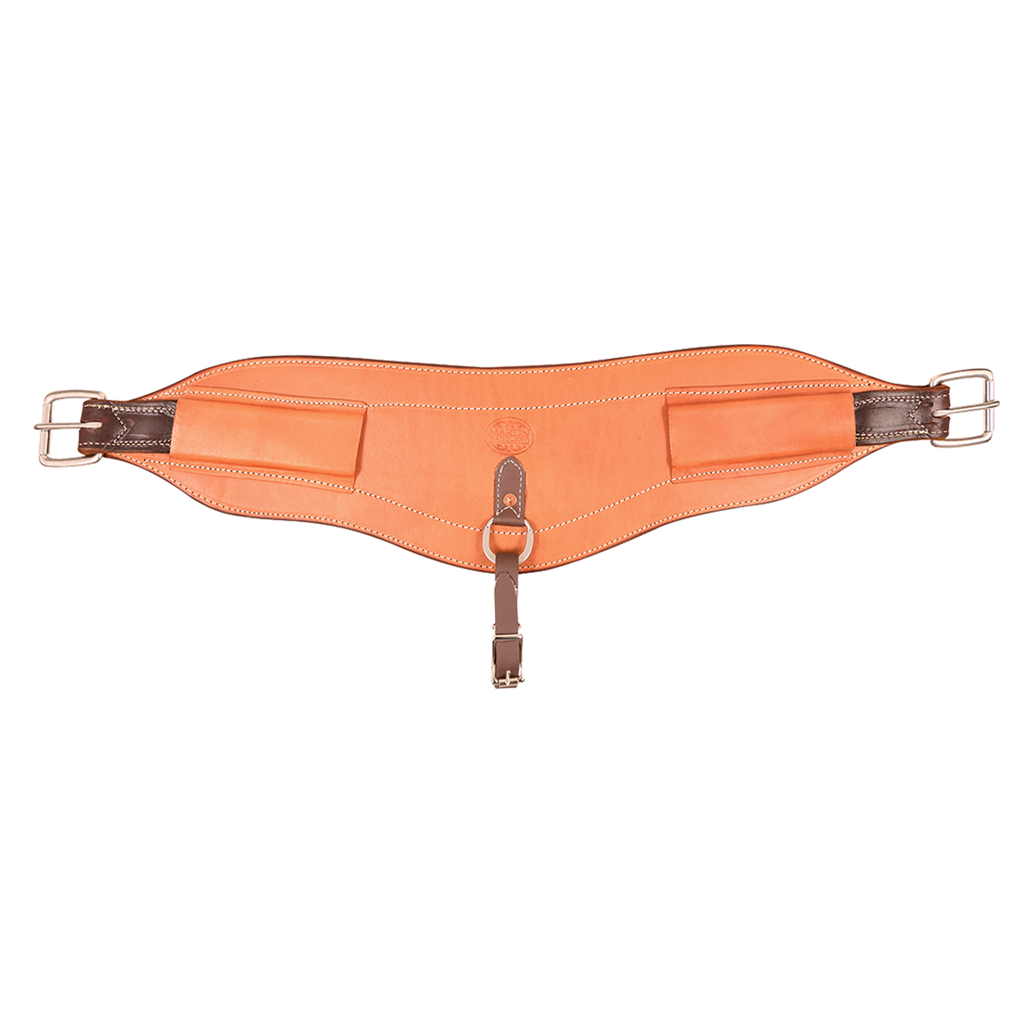Natural 7-inch flank cinch from Martin Saddlery, laid out flat. The contoured skirting leather cinch widens at the center and has roller buckles at both ends with a center hobble strap.