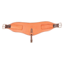 Natural 7-inch flank cinch from Martin Saddlery, laid out flat. The contoured skirting leather cinch widens at the center and has roller buckles at both ends with a center hobble strap.