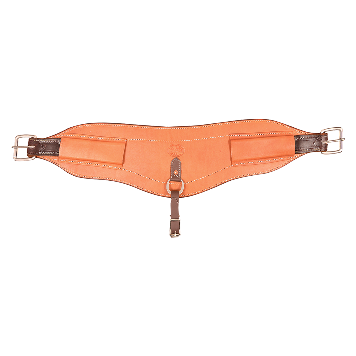 Natural 7-inch flank cinch from Martin Saddlery, laid out flat. The contoured skirting leather cinch widens at the center and has roller buckles at both ends with a center hobble strap.