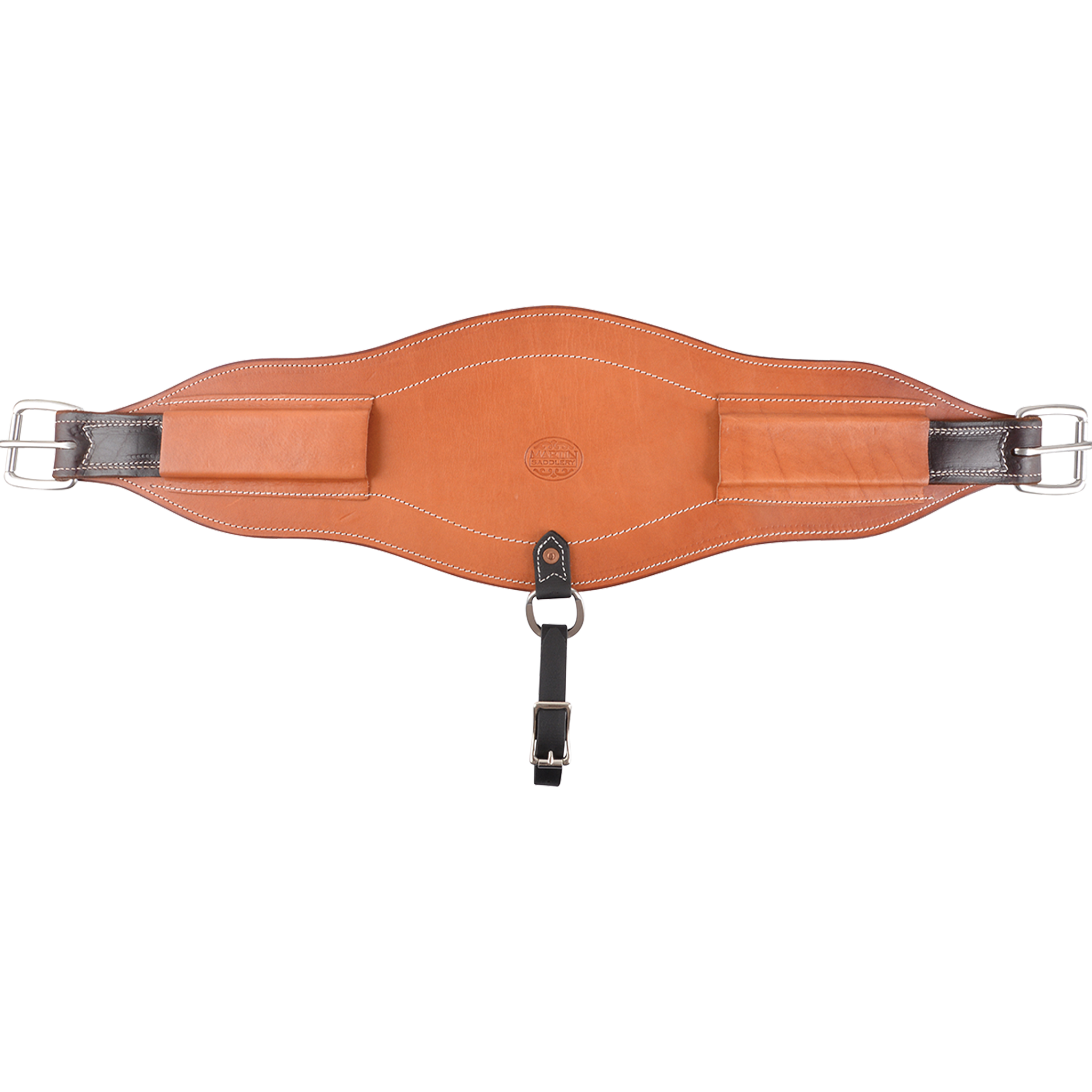 Natural 8.5-inch flank cinch from Martin Saddlery, laid out flat. The wide contoured skirting leather cinch has a stamped center, roller buckles at both ends and a dark hobble strap.