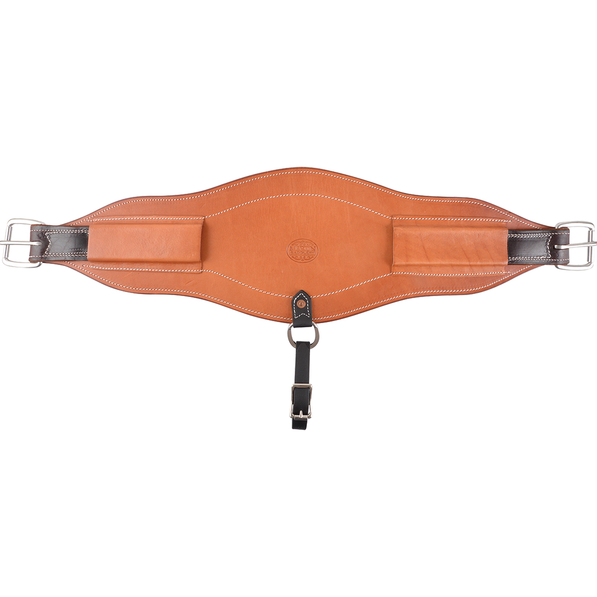 Natural 8.5-inch flank cinch from Martin Saddlery, laid out flat. The wide contoured skirting leather cinch has a stamped center, roller buckles at both ends and a dark hobble strap.