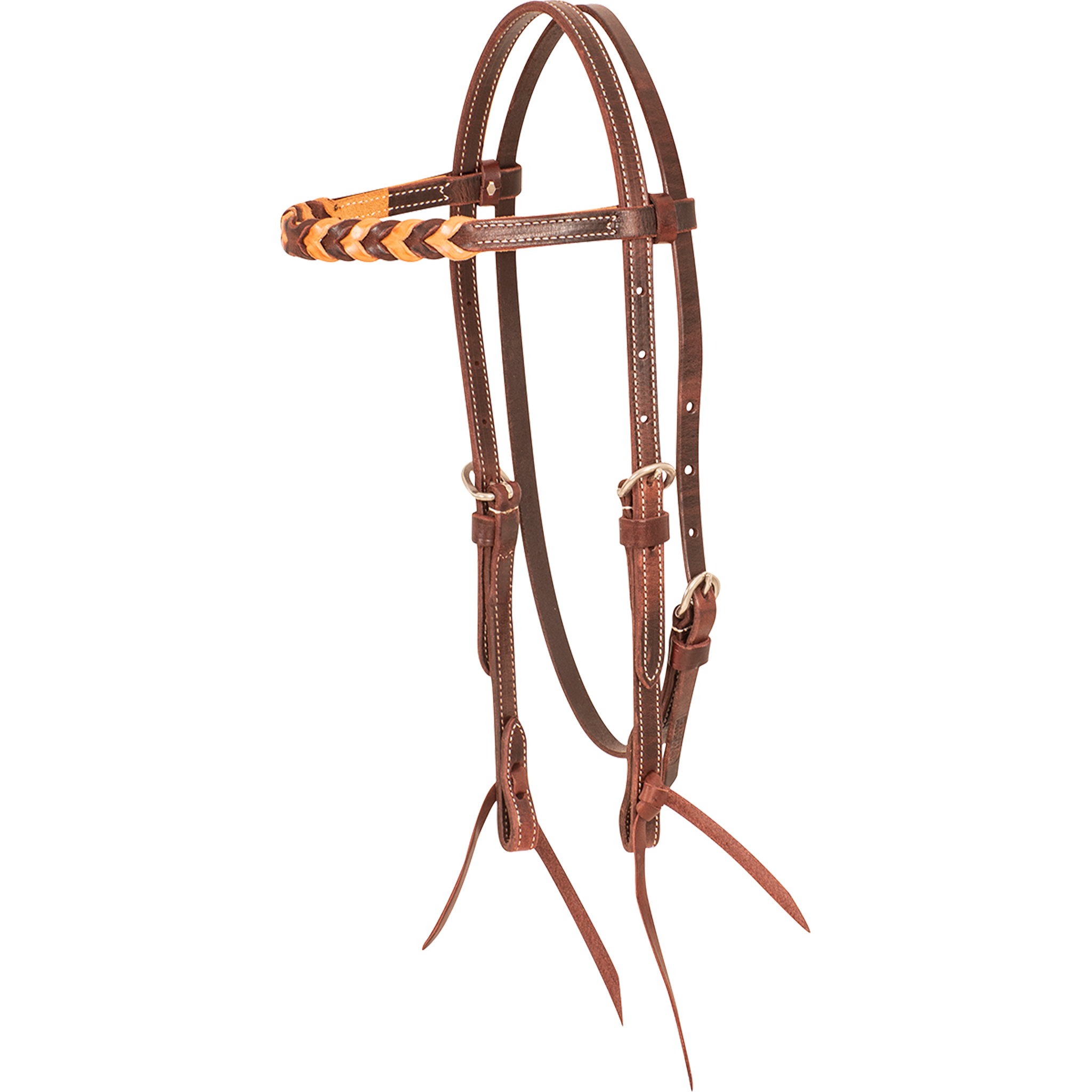 Browband headstall with natural blood knots, seen from the front quarter. Light and dark leather blood knots wrap the browband of the 5/8-inch harness leather headstall, which has stainless steel buckles and bit ties.