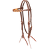 Browband headstall with natural blood knots, seen from the front quarter. Light and dark leather blood knots wrap the browband of the 5/8-inch harness leather headstall, which has stainless steel buckles and bit ties.