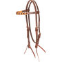 Browband headstall with natural blood knots, seen from the front quarter. Light and dark leather blood knots wrap the browband of the 5/8-inch harness leather headstall, which has stainless steel buckles and bit ties.