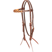 Browband headstall with natural blood knots, seen from the front quarter. Light and dark leather blood knots wrap the browband of the 5/8-inch harness leather headstall, which has stainless steel buckles and bit ties.