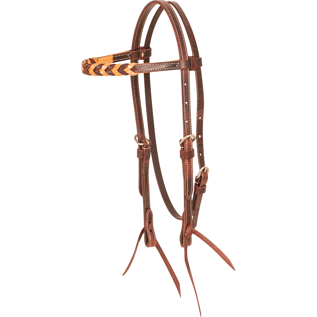 Browband headstall with natural blood knots, seen from the front quarter. Light and dark leather blood knots wrap the browband of the 5/8-inch harness leather headstall, which has stainless steel buckles and bit ties.